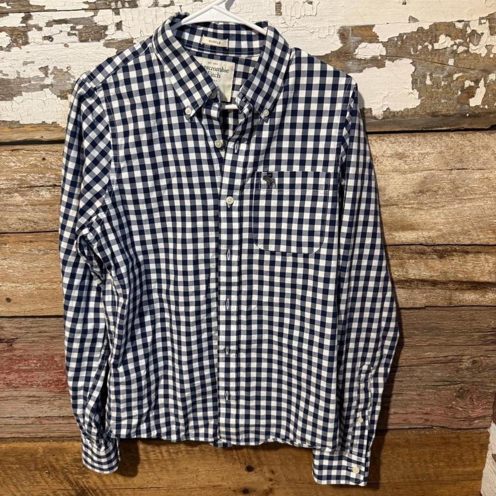 Abercrombie Fitch Mens Muscle Fit Navy White Gingham Plaid Button Down Shirt M